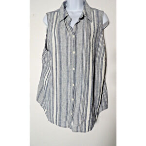 CJ Banks Linen Top 1X Blouse Sleeveless Striped Chambray Blue White Collared Bea
